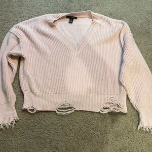 Pink, frayed v neck sweater